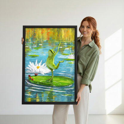 Woman holding whimsical dancing frog pond canvas wall art to show its framed scale and colorful water-lily detail.
