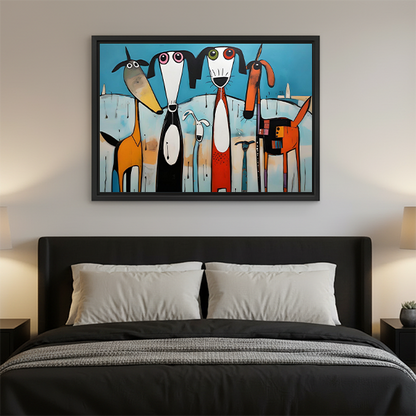 Framed whimsical dog art print with five colorful cartoon dogs displayed as bedroom wall decor above a dark upholstered bed