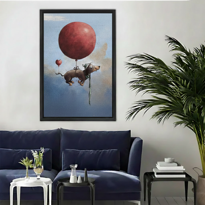 Whimsical dog with oversized red balloon framed canvas wall art above navy blue sofa in living room