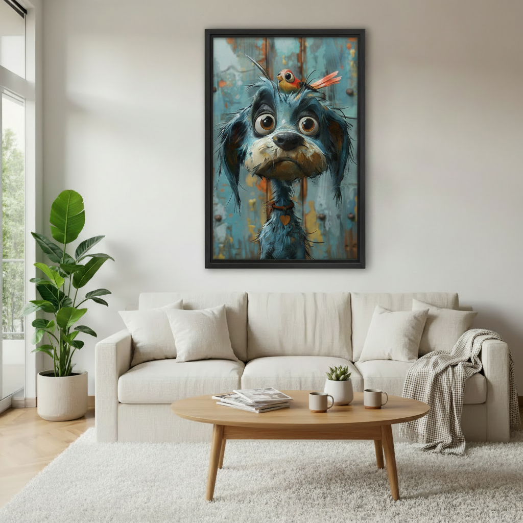 Whimsical cartoon dog with big eyes and tiny red bird on head, black framed canvas wall art hung high above sofa in bright Scandinavian living room