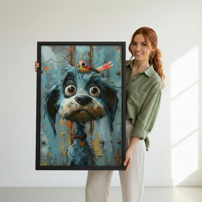 Smiling woman holding large black framed canvas of whimsical dog and bird wall art in white studio, showing actual print size for scale
