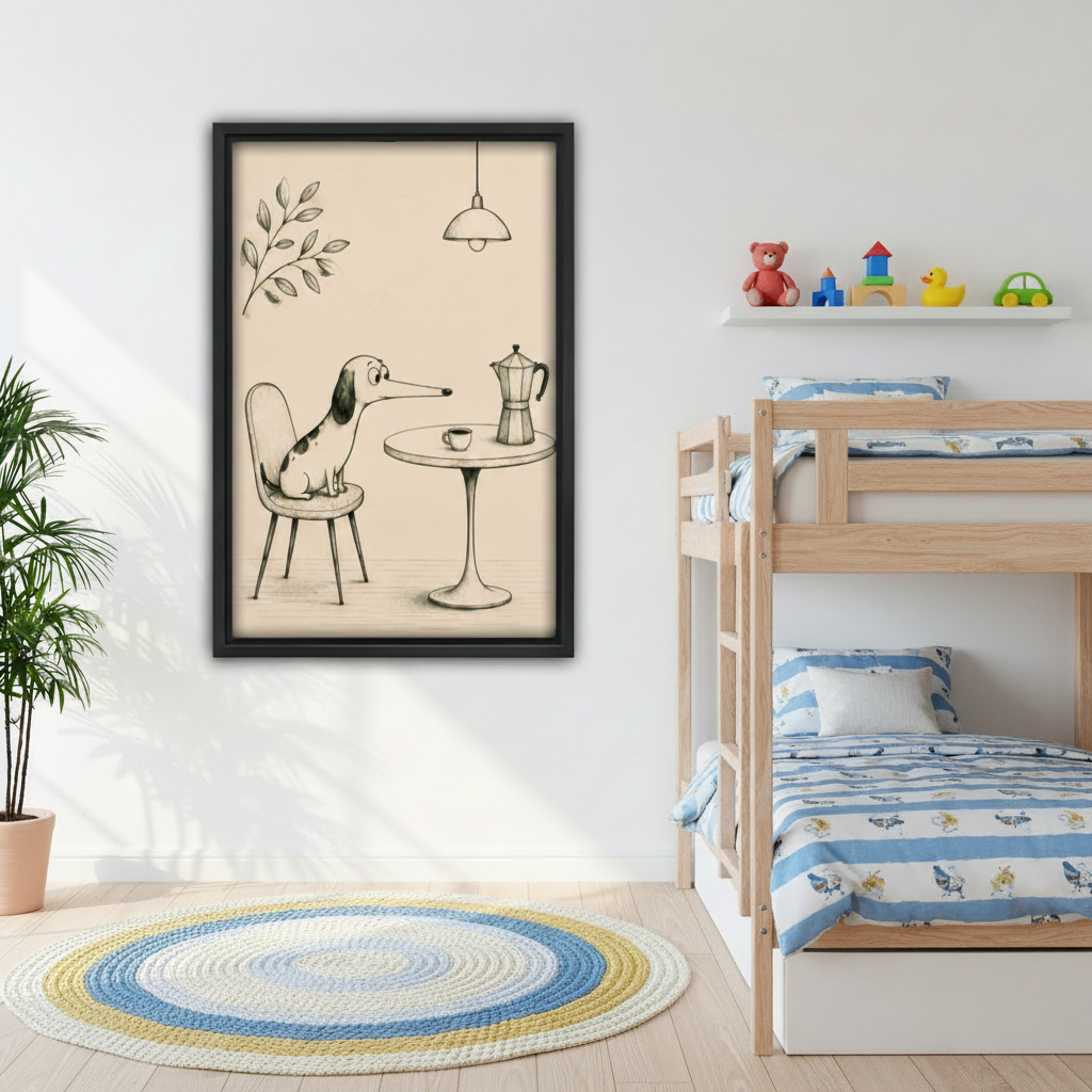 Playful dog at café table framed wall art in children's bedroom – cute animal illustration print for kids room decor
