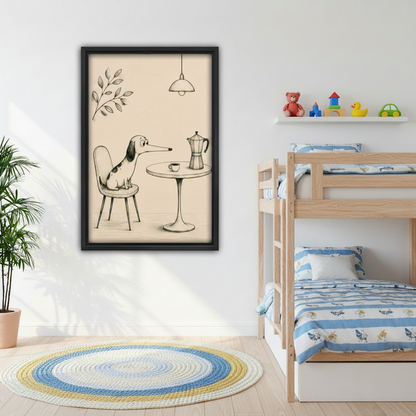 Playful dog at café table framed wall art in children's bedroom – cute animal illustration print for kids room decor