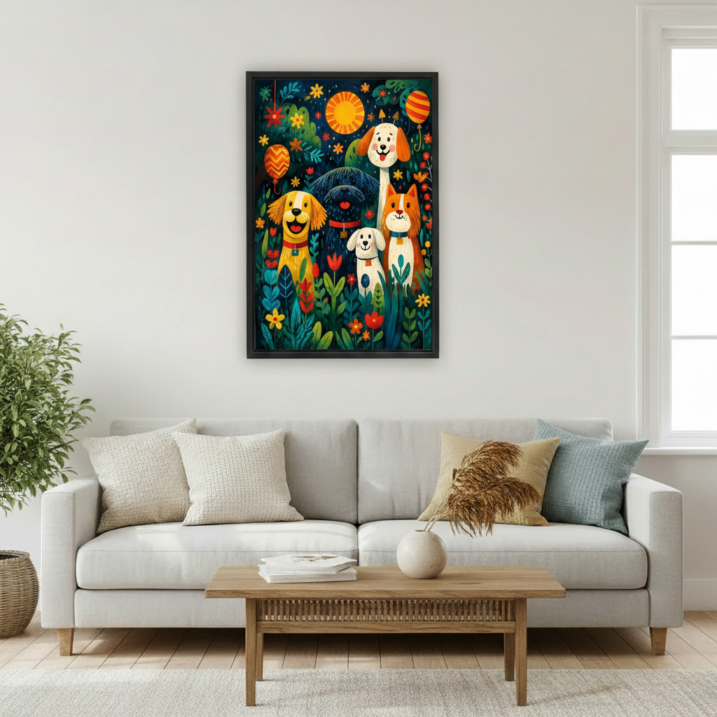 Whimsical dog canvas wall art detail view with vibrant floral garden illustration