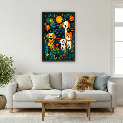 Whimsical dog canvas wall art detail view with vibrant floral garden illustration