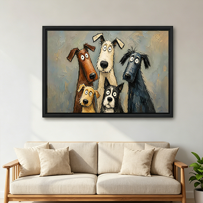 Framed dog canvas wall art featuring five pups displayed above a neatly made bed