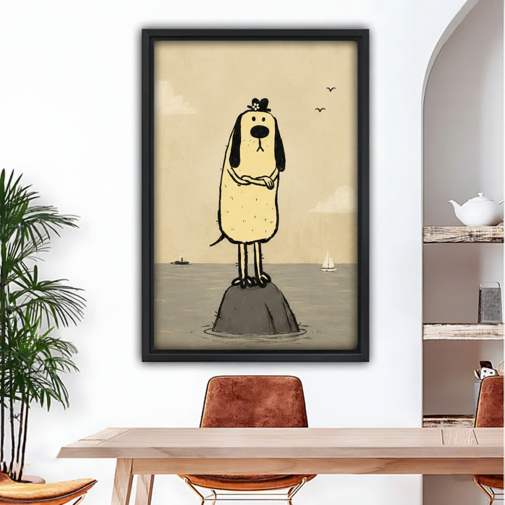 Whimsical dog canvas wall art in black float frame hung above wooden dining table with arched doorway and palm plant