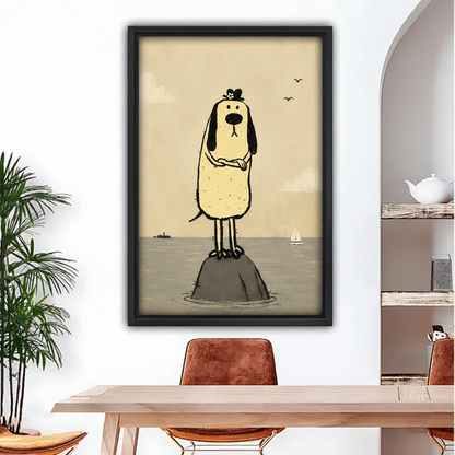 Whimsical dog canvas wall art in black float frame hung above wooden dining table with arched doorway and palm plant