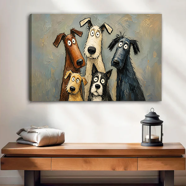 Framed dog portrait canvas wall art with five playful pups above a wooden console