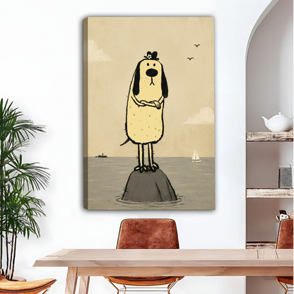 Whimsical dog canvas wall art as gallery wrap on white wall above modern dining table with leather chairs