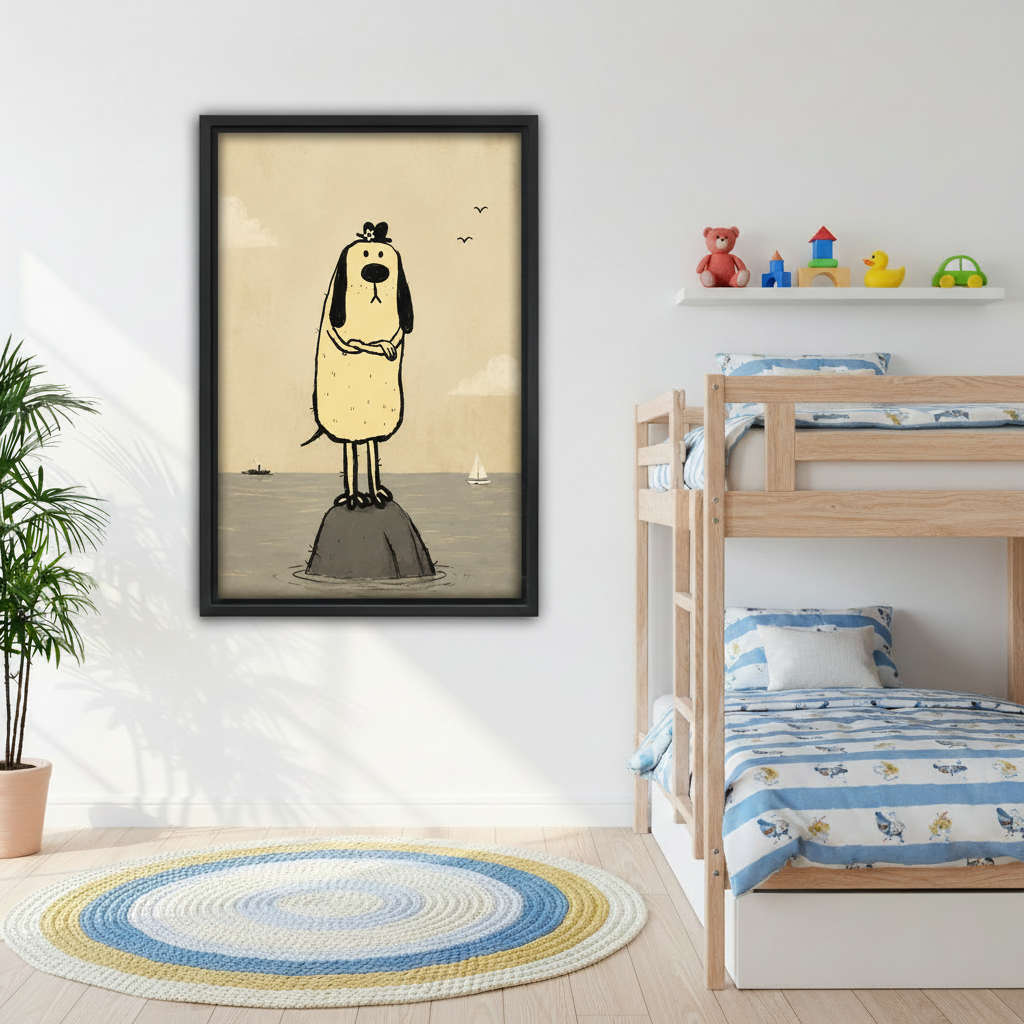 Whimsical dog canvas wall art in black frame on white wall in children's bedroom with wooden bunk beds and toys