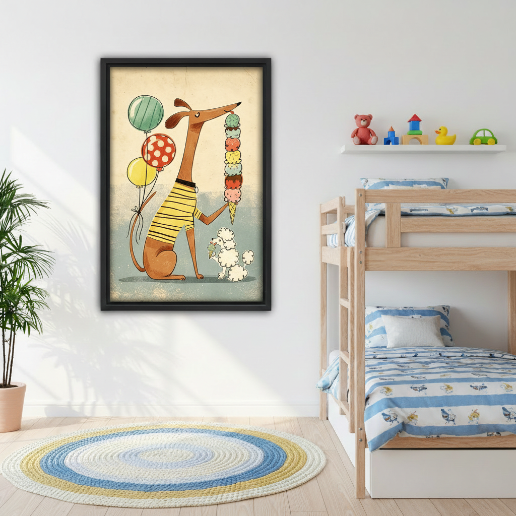  Playful dog and poodle framed canvas wall art in colorful kids bedroom above bunk bed