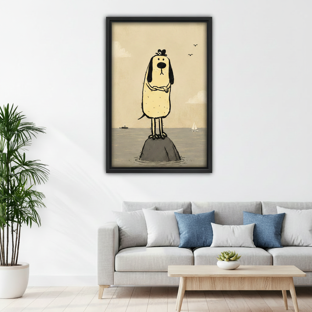 Whimsical dog canvas wall art in black frame above grey sofa with blue cushions in Scandinavian living room