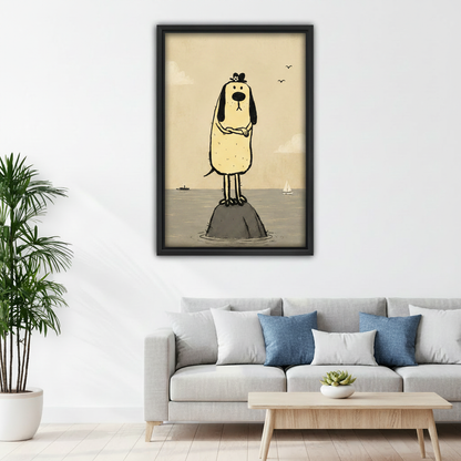 Whimsical dog canvas wall art in black frame above grey sofa with blue cushions in Scandinavian living room
