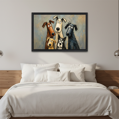 Framed dog portrait canvas wall art with five pups above a light sofa