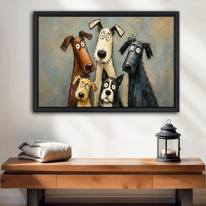 Whimsical dog canvas wall art showing five expressive pups above a wooden console