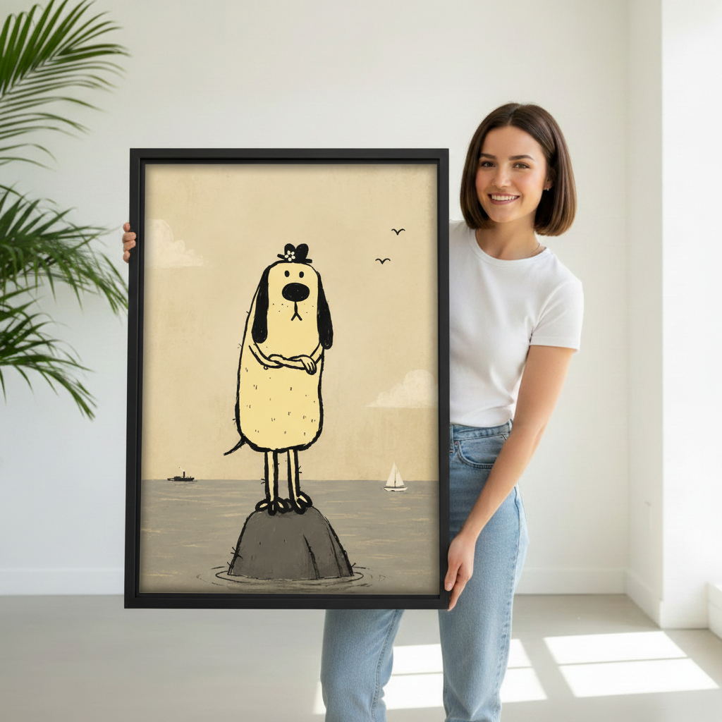 Woman holding whimsical dog canvas wall art in black float frame in bright white studio with green palm plant