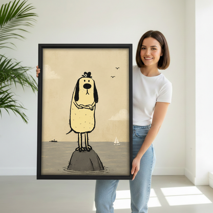 Woman holding whimsical dog canvas wall art in black float frame in bright white studio with green palm plant