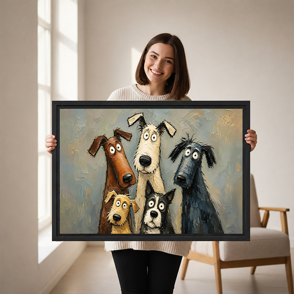 Woman holding framed dog canvas wall art featuring five expressive painted pups