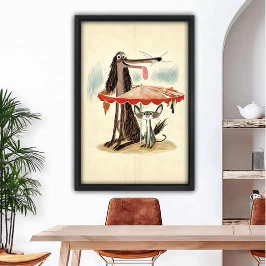 Whimsical dog and cat under red umbrella black framed wall art in dining room, vintage rainy day animal illustration warm beige decor