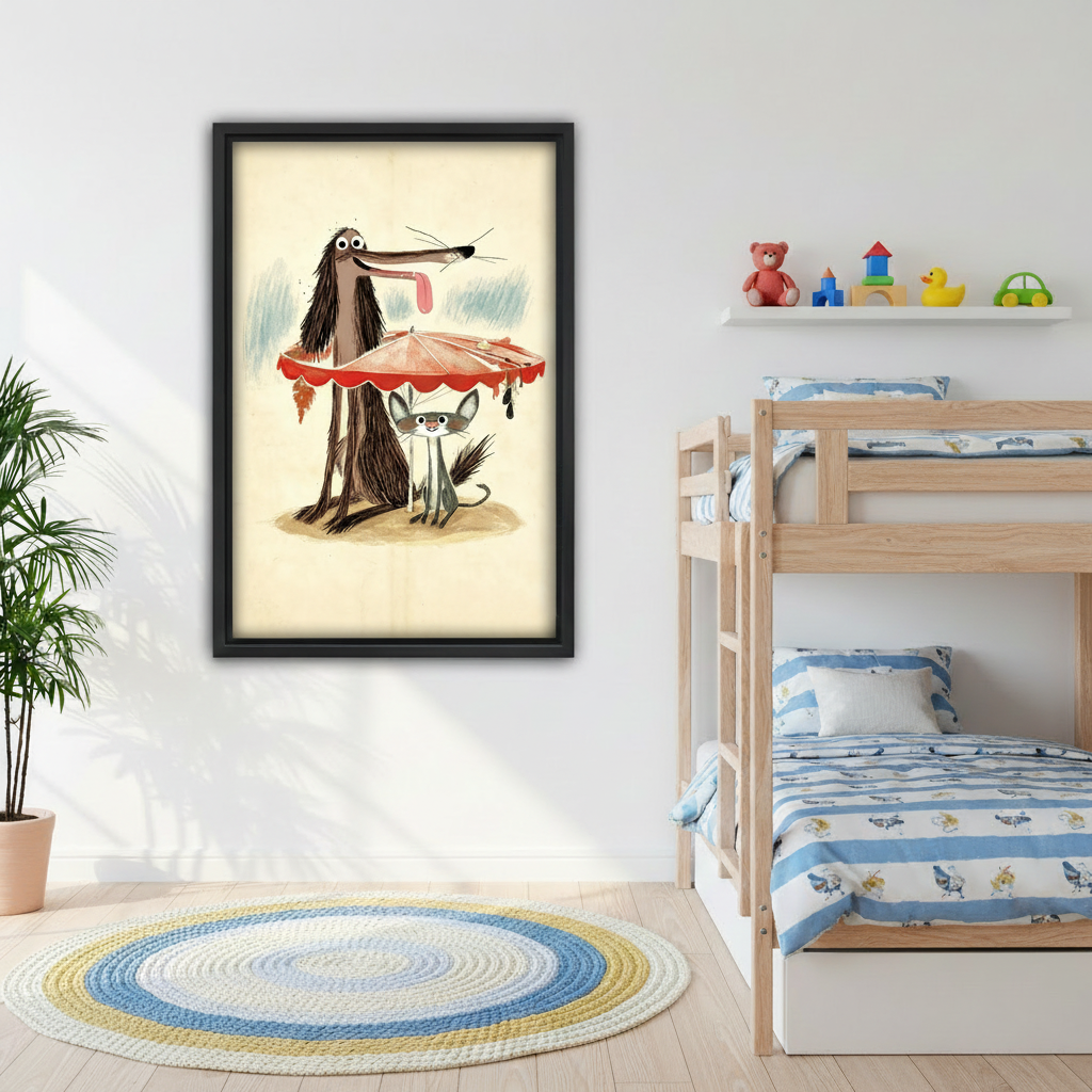 Whimsical dog cat umbrella black framed print in children's bedroom with bunk bed, funny animal nursery wall art warm tones