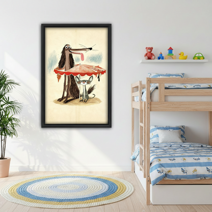 Whimsical dog cat umbrella black framed print in children's bedroom with bunk bed, funny animal nursery wall art warm tones