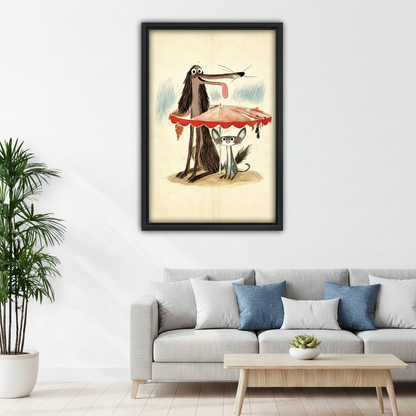 Whimsical dog and cat rainy day vintage wall art black frame above gray sofa in modern living room, quirky animal home decor