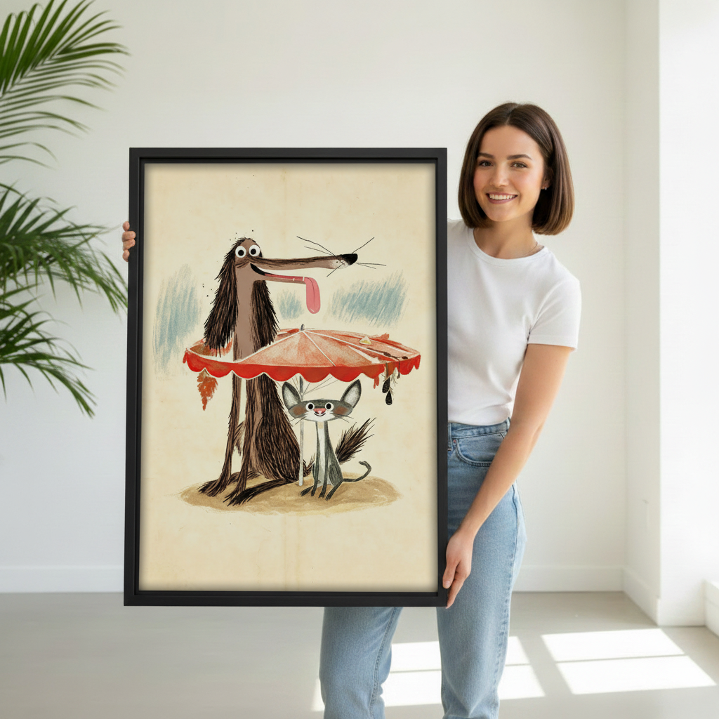 Woman holding large whimsical dog and cat rainy day framed wall art print, black frame vintage illustration size reference