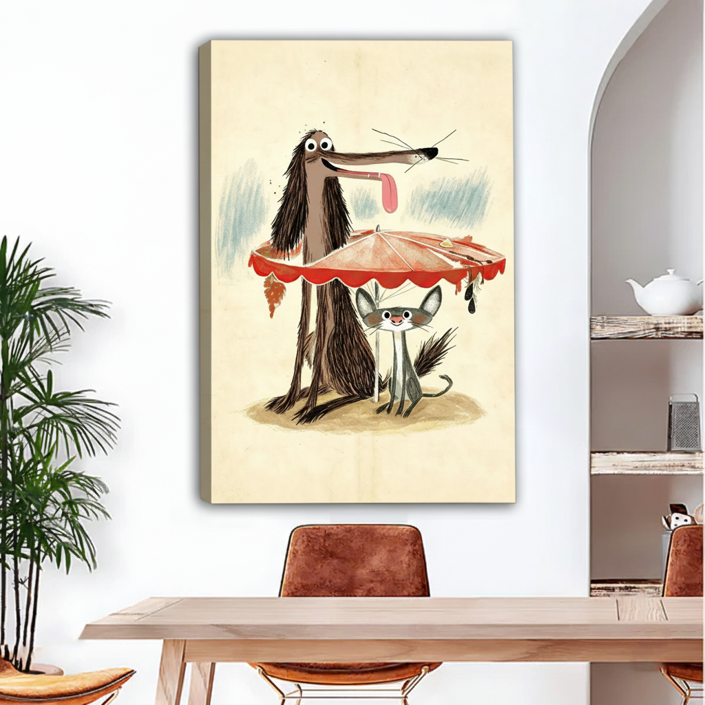 Whimsical dog cat rainy day gallery wrap canvas print in dining room, frameless vintage hand-drawn animal art warm tones