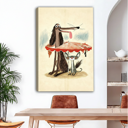 Whimsical dog cat rainy day gallery wrap canvas print in dining room, frameless vintage hand-drawn animal art warm tones