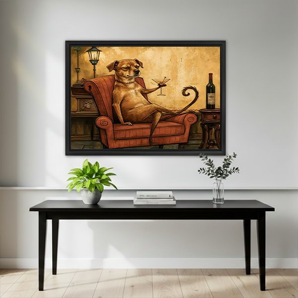 Whimsical dog cocktail canvas wall art in a black frame above a bed with white pillows and dark bedding.
