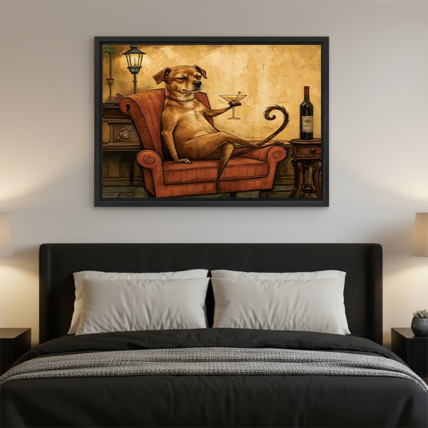 Gallery-wrap whimsical dog cocktail canvas wall art in warm golden tones displayed above a wooden console.