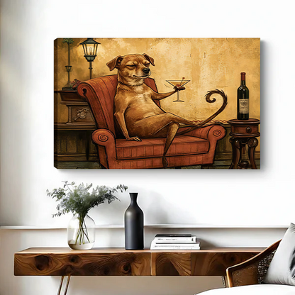 Woman holding black-framed whimsical dog cocktail canvas wall art featuring a brown dog reclining in an armchair.