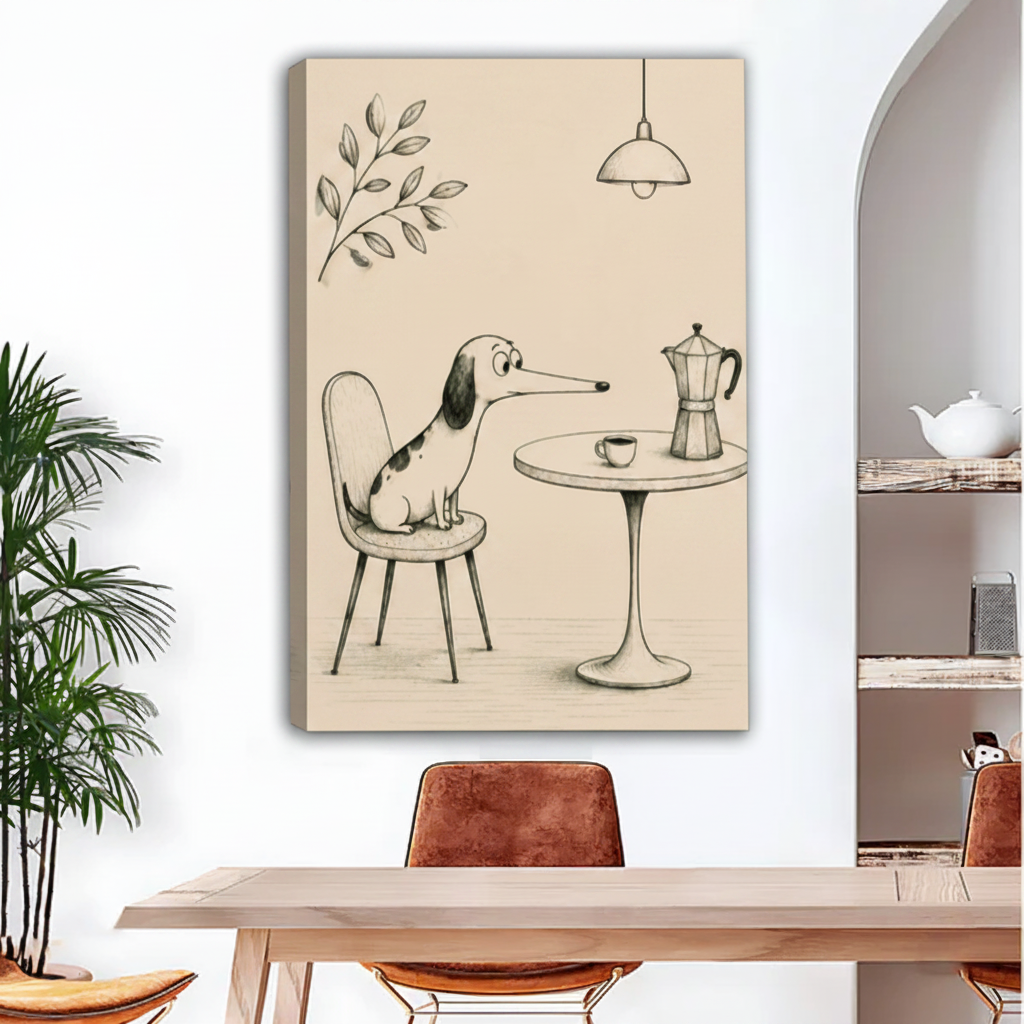 Whimsical dog sitting at café table with moka pot canvas print – frameless wall art for dining room
