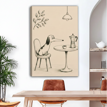 Whimsical dog sitting at café table with moka pot canvas print – frameless wall art for dining room