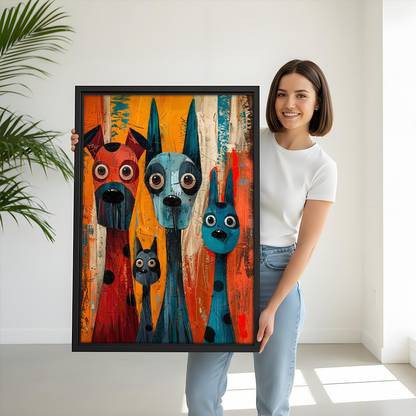 Woman holding large framed whimsical dog coffee bird canvas print size reference display