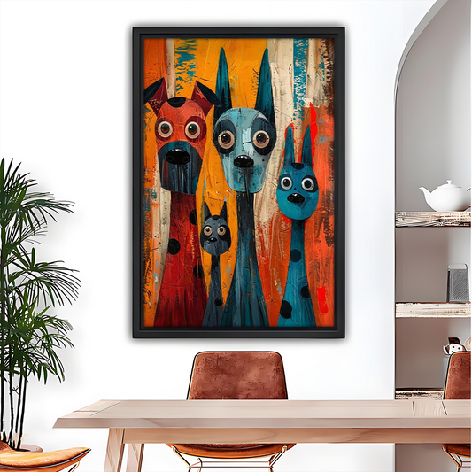 Whimsical dog holding coffee cup with bird framed canvas wall art displayed in modern dining room