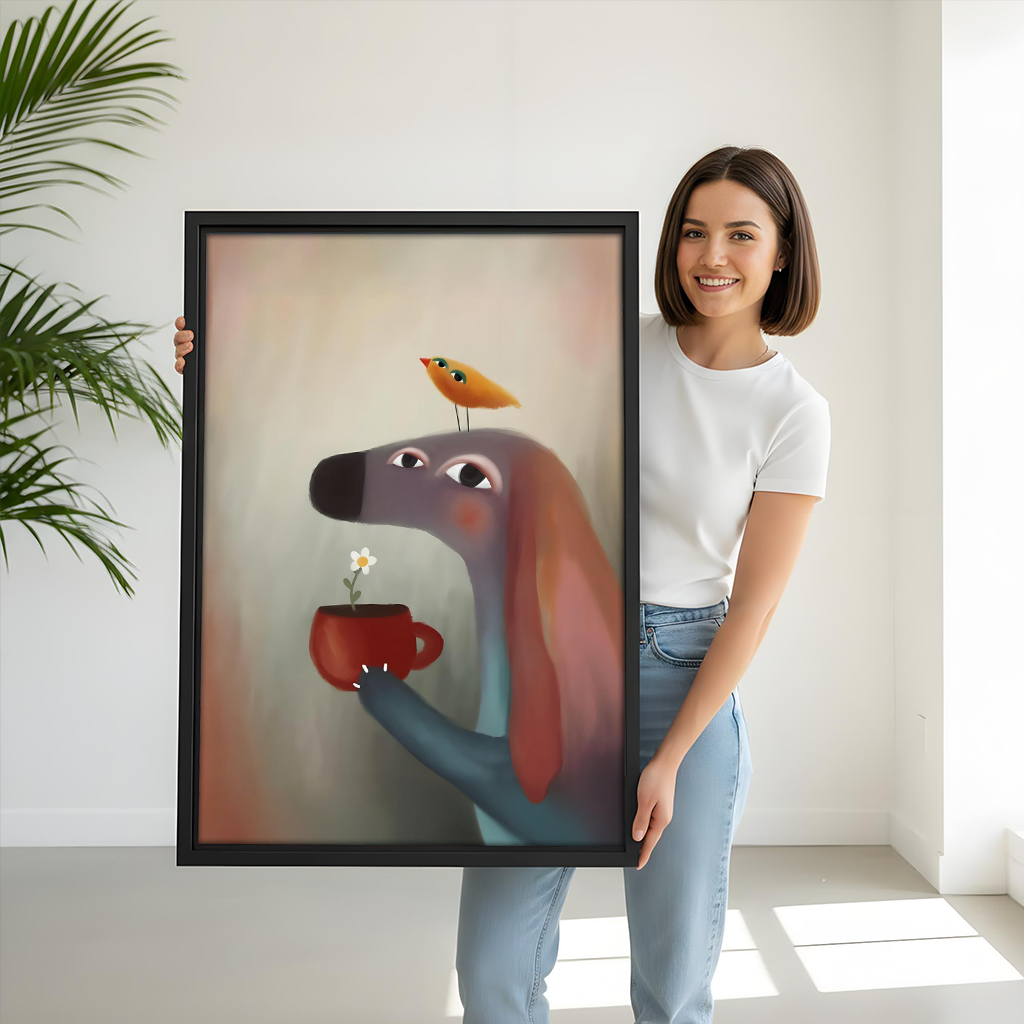 Woman holding large framed whimsical dog coffee cup bird canvas print size reference white background