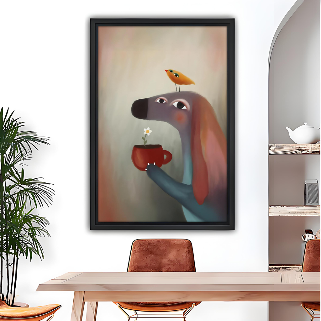 Whimsical dachshund with coffee cup and orange bird framed canvas wall art in modern dining room