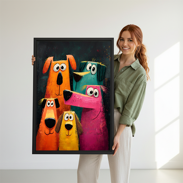 Framed colorful dogs canvas wall art hangs above a white sofa in a sunlit living room.