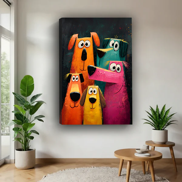 Framed colorful dogs canvas wall art showing five wide-eyed pups between potted plants in a bright room.
