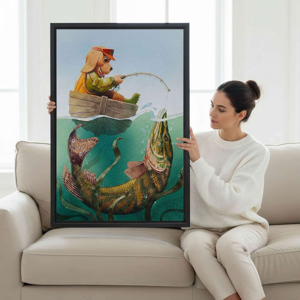 Woman holding a large framed whimsical dog fishing wall art print featuring a golden retriever catching a massive pike in teal water