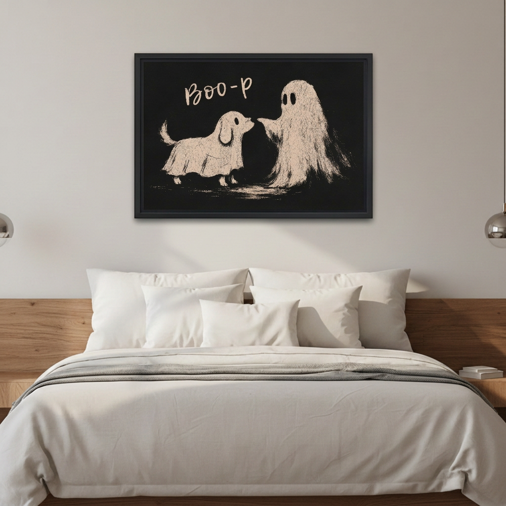 Whimsical dog ghost canvas wall art in a black frame above white bedding and a wooden headboard.