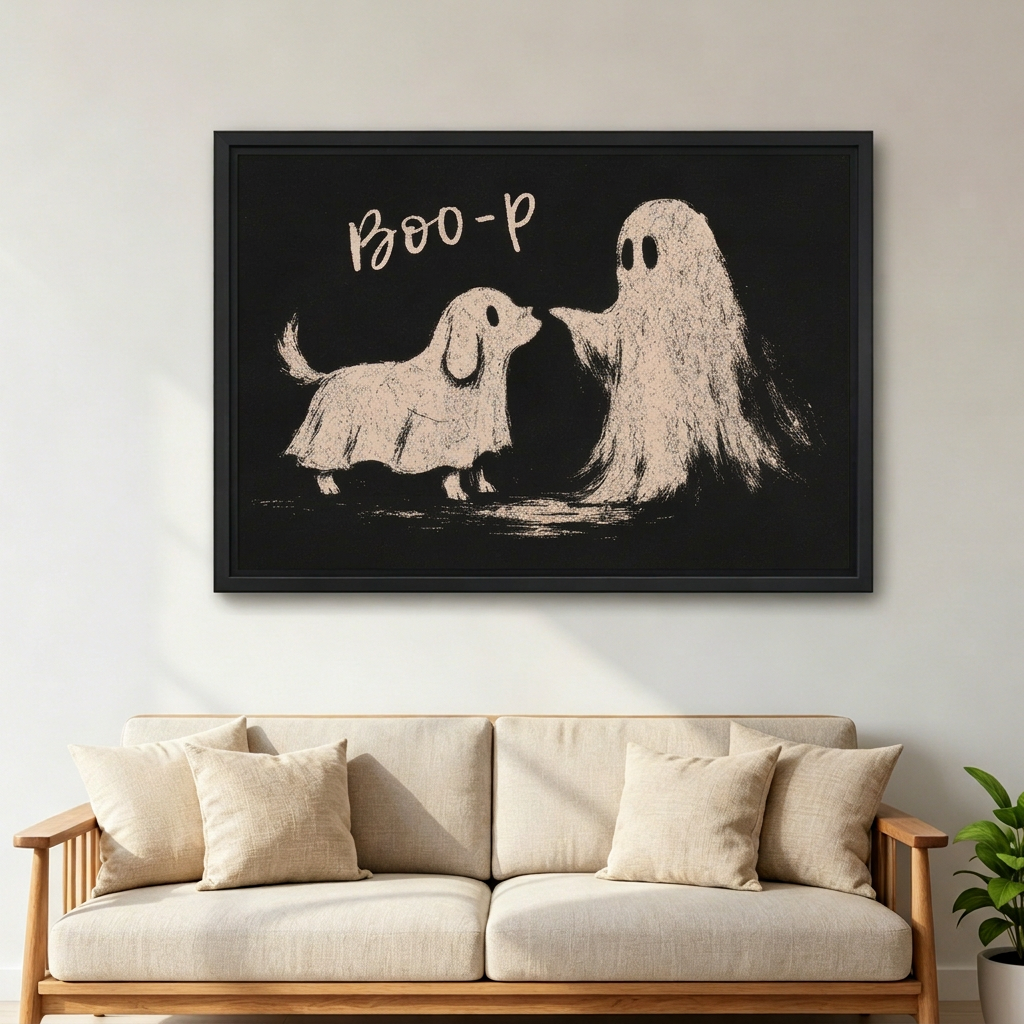 Black-framed whimsical dog ghost canvas wall art hanging above a cream sofa beside a green plant.