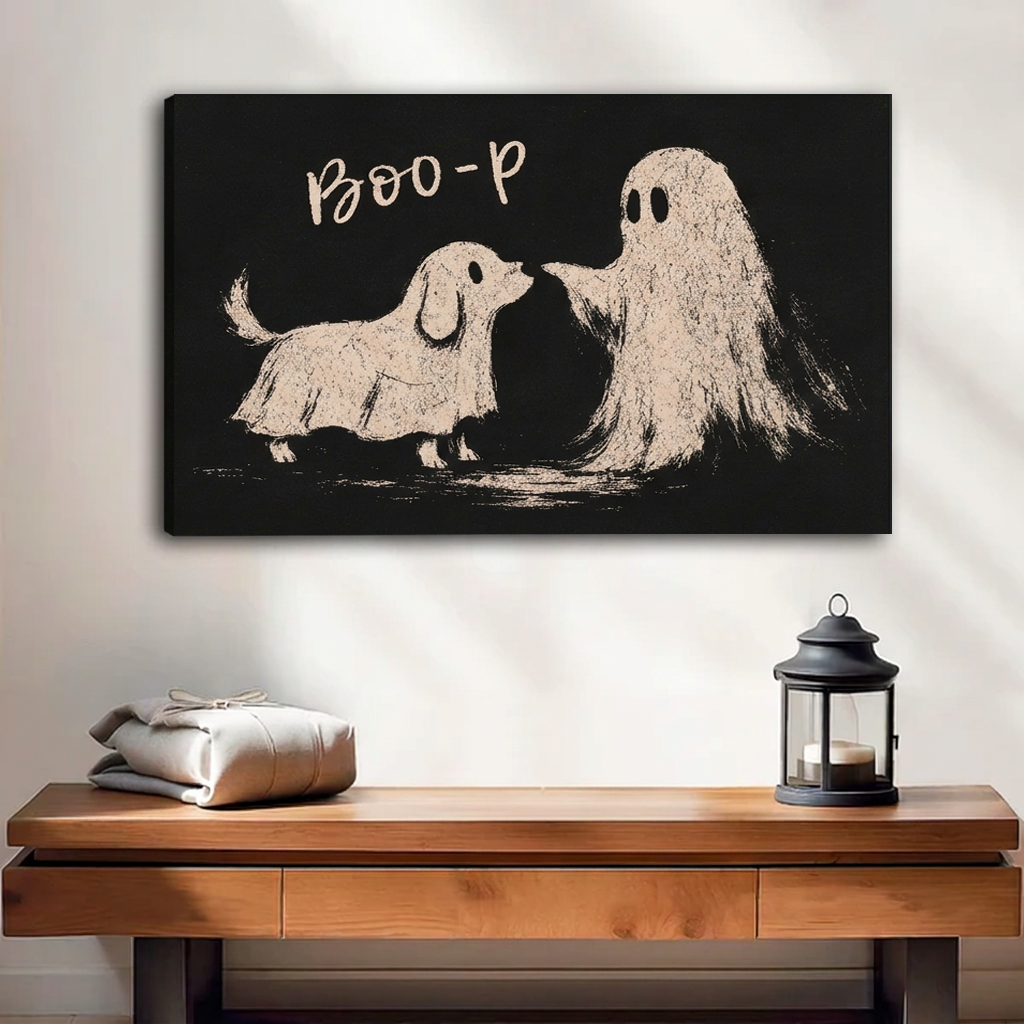Unframed whimsical dog ghost canvas wall art with Boo-p lettering above a wooden bench beside a lantern.
