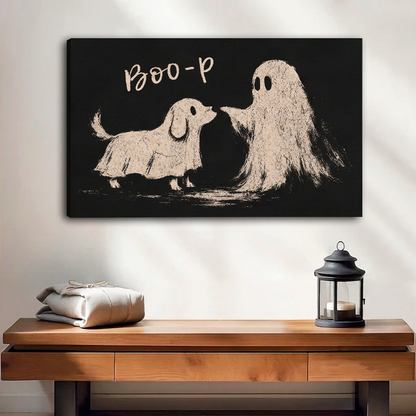 Unframed whimsical dog ghost canvas wall art with Boo-p lettering above a wooden bench beside a lantern.