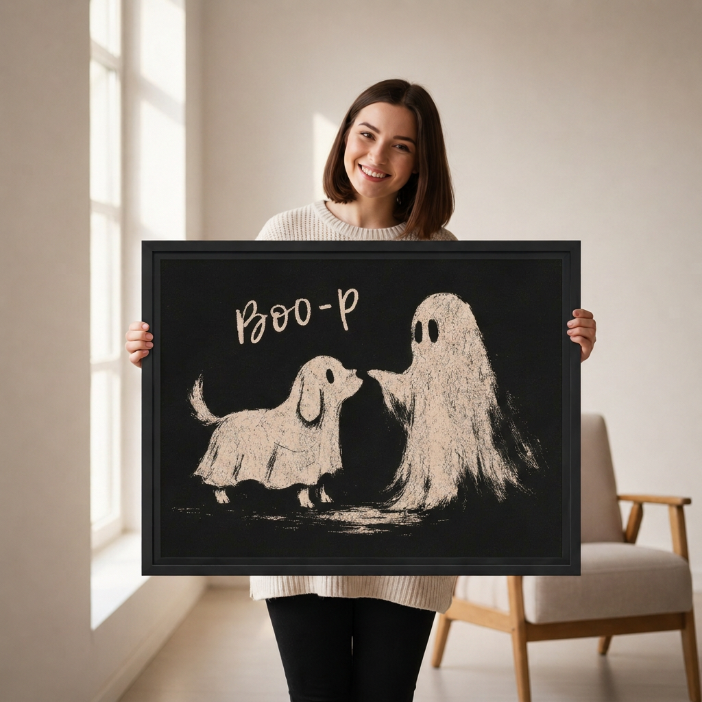 Smiling woman holding black-framed whimsical dog ghost canvas wall art with cream illustrations and playful Boo-p lettering.