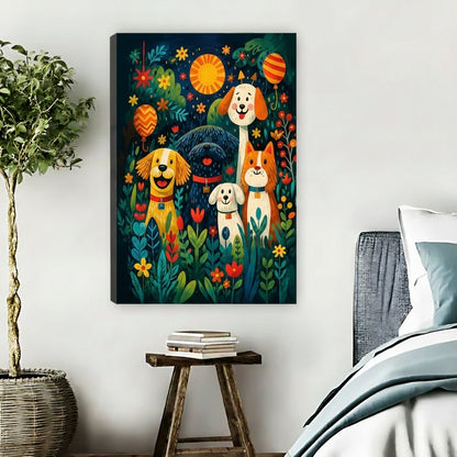 Whimsical colorful dog group framed canvas print displayed in cozy bedroom setting