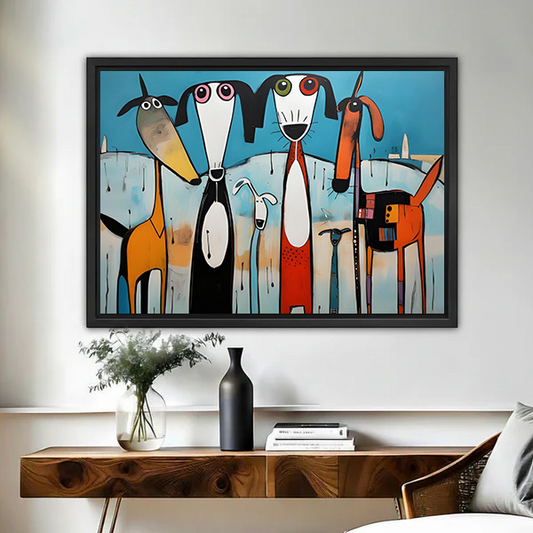 Whimsical colorful dog pack framed wall art print displayed above a wooden console table in a modern living room