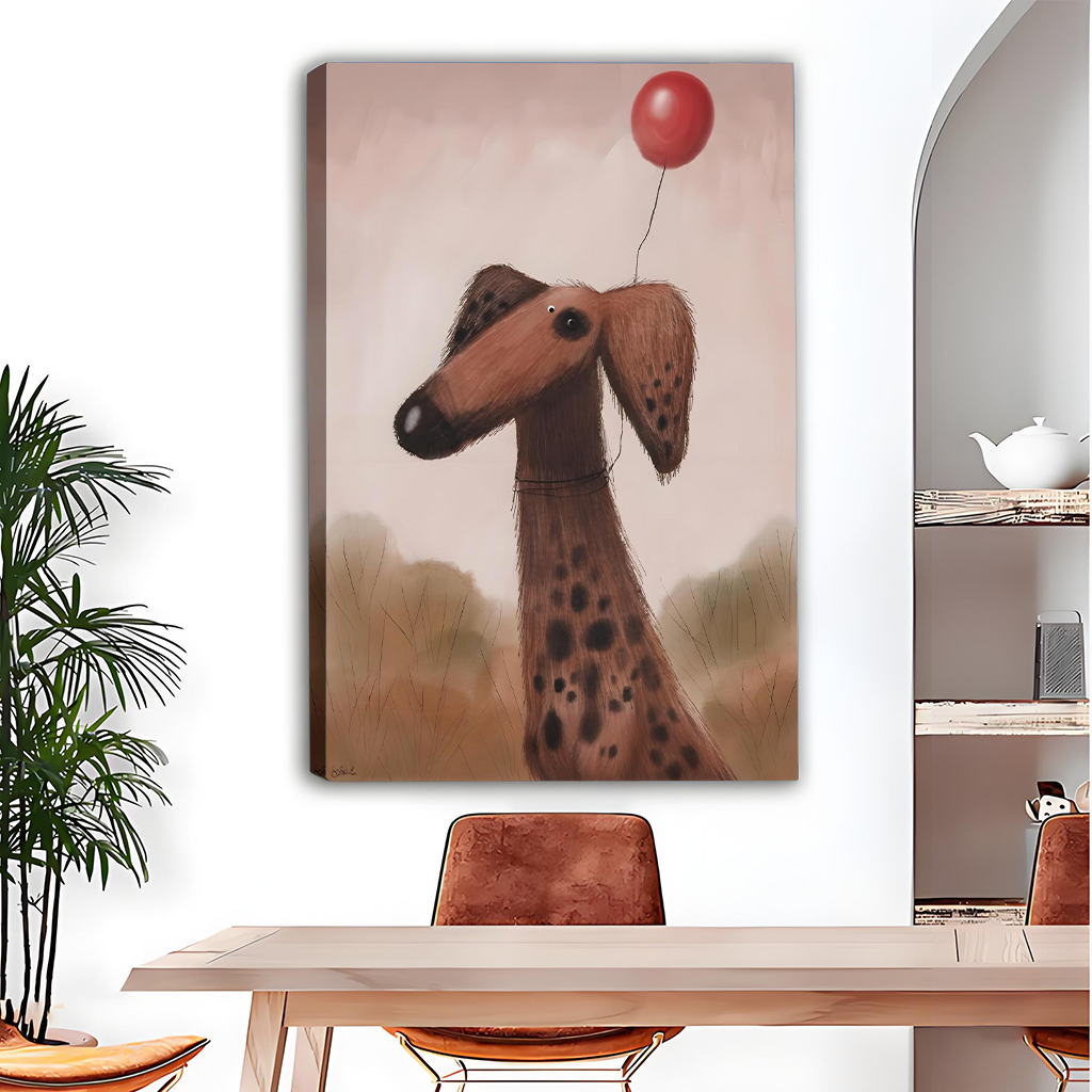 Whimsical dog with red balloon canvas print wall art mounted beside an arched alcove shelf
